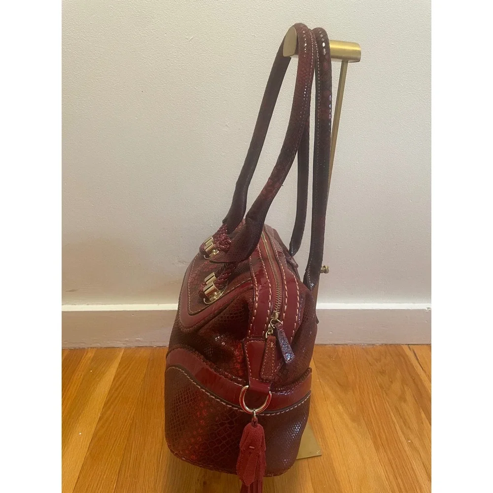 Cromia Leather Satchel Burgundy Red Snakeskin Embossed Patent Trim Italian Made